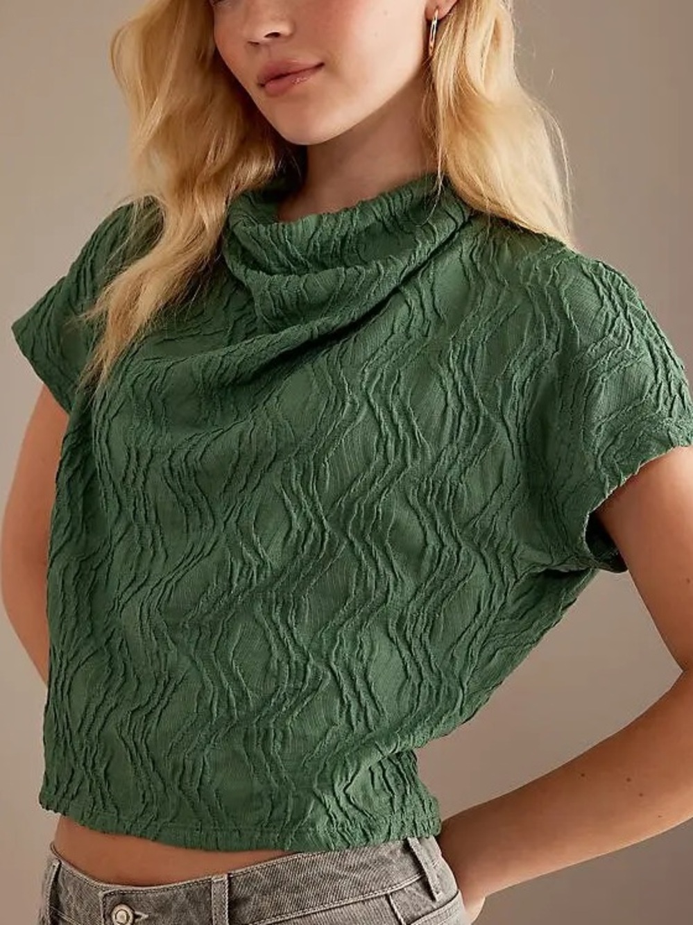 Anthropologie Green Textured Funnel Neck Top | loose XS/S fit but sized XXS